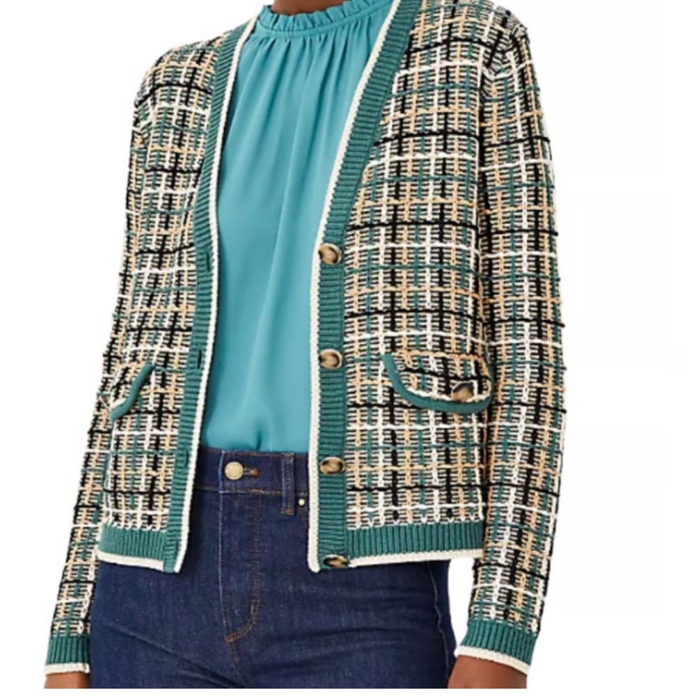Ann Taylor Tweed Cardigan Sweater Jacket‎ Green Cream Buttons Pockets Size S